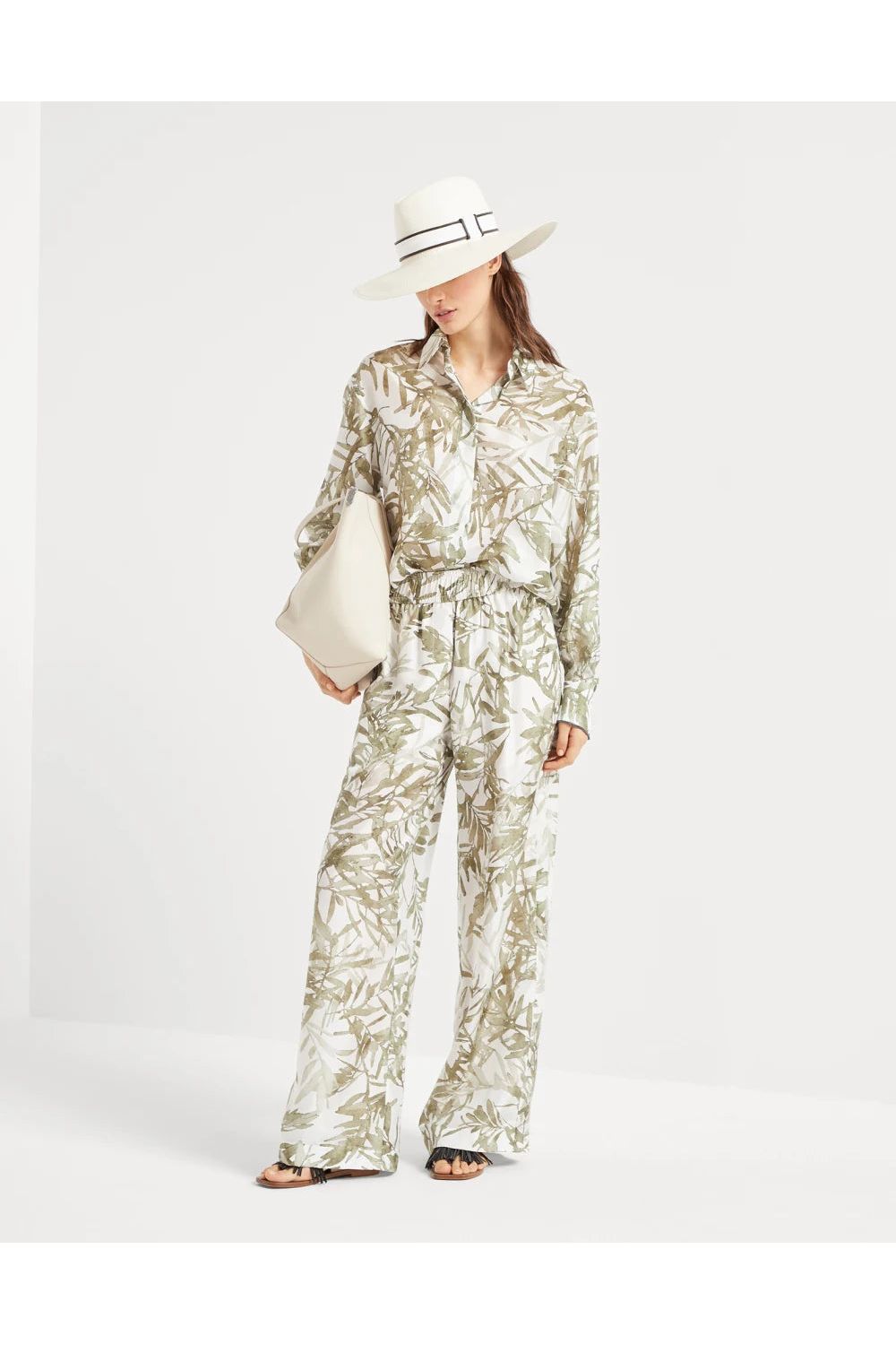 Women's White Printed Silk Wide Trousers