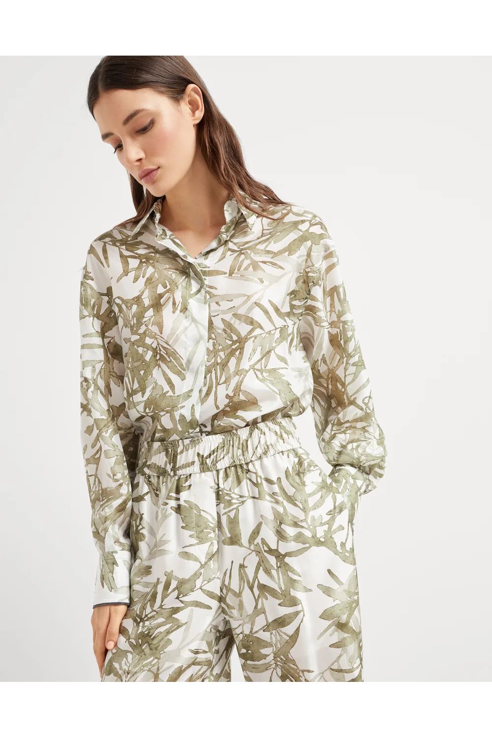 Women's White Printed Silk Wide Trousers