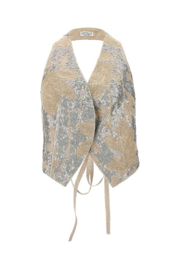 Women's Beige Embroidered Linen Vest
