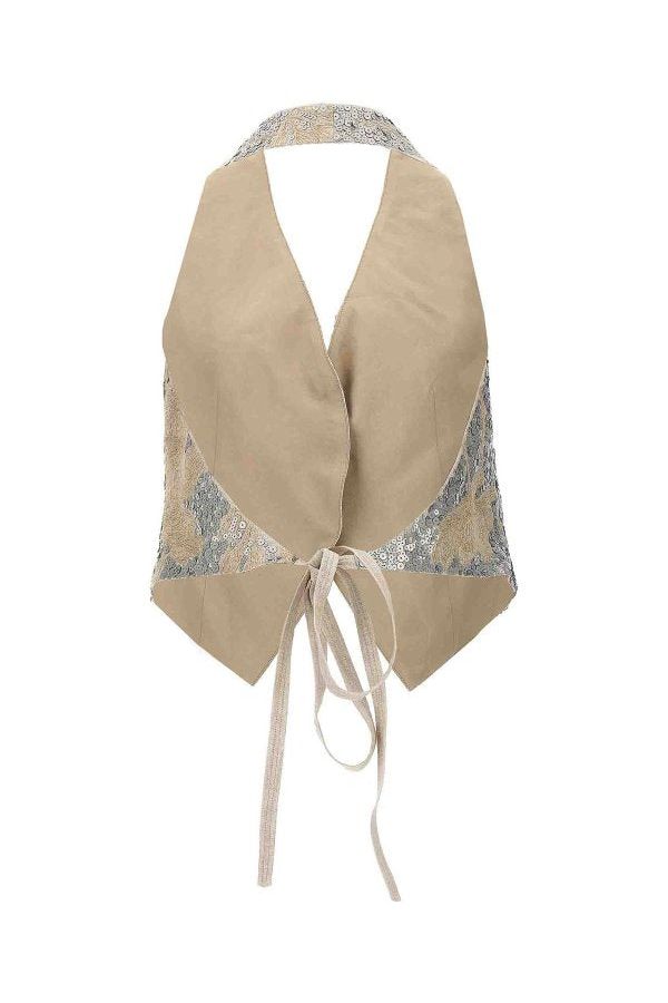 Women's Beige Embroidered Linen Vest