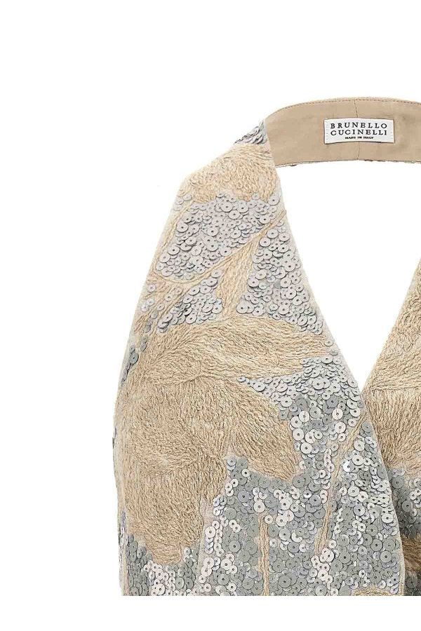 Women's Beige Embroidered Linen Vest