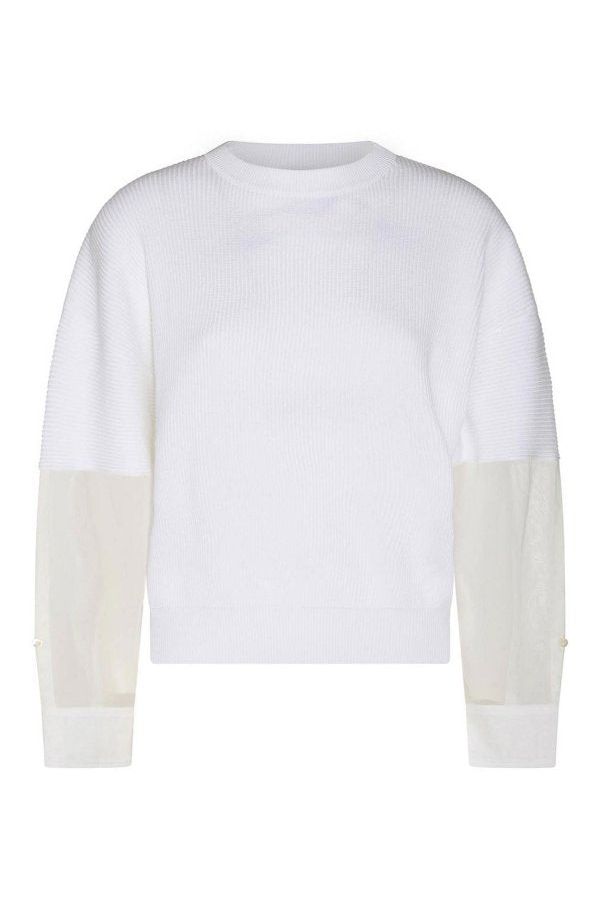 Women's White Cotton Mixed Sleeve Sweater