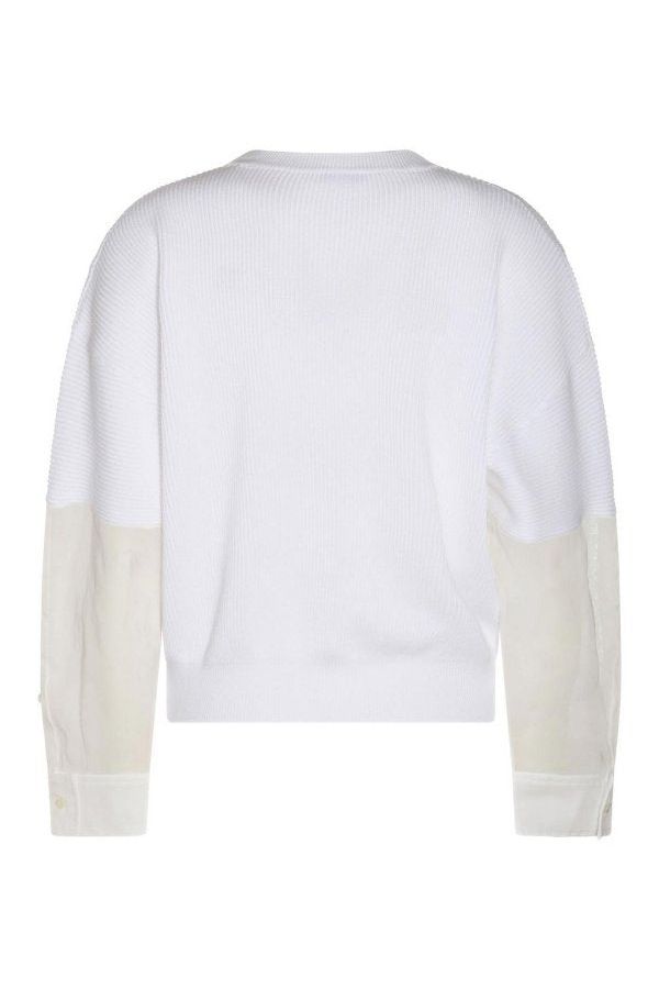 Women's White Cotton Mixed Sleeve Sweater