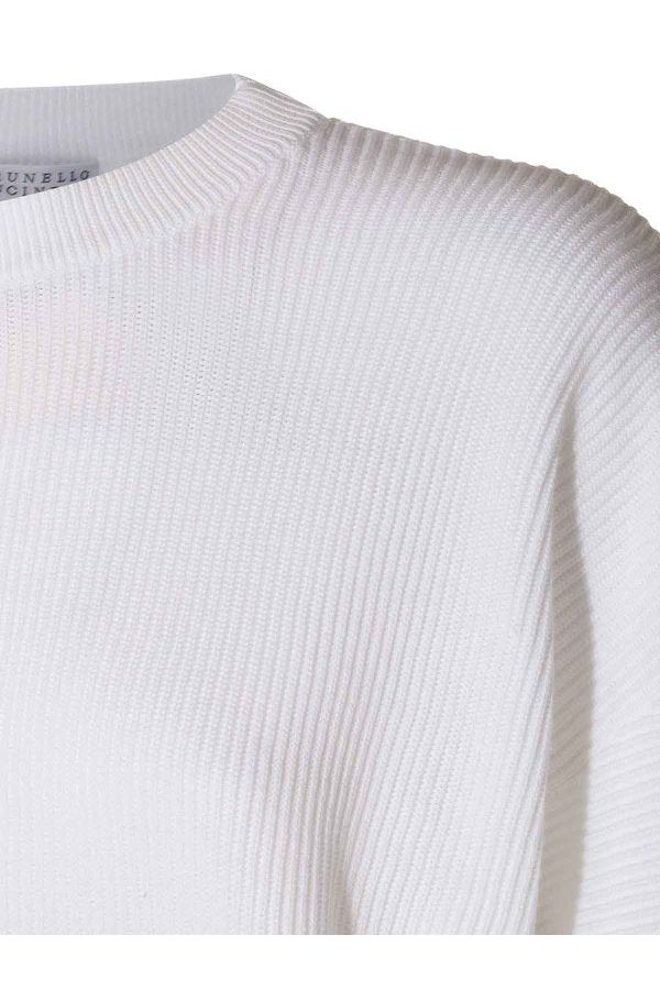 Women's White Cotton Mixed Sleeve Sweater