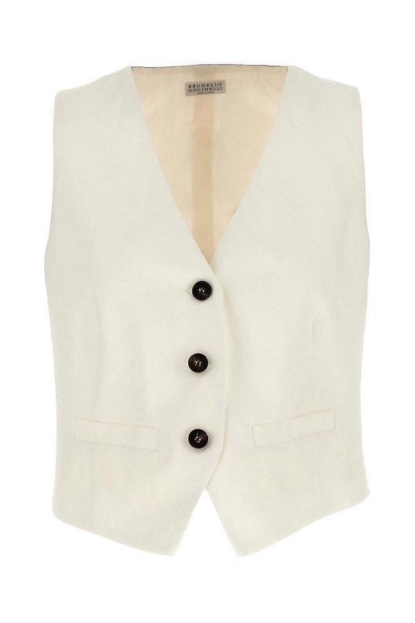Brunello Cucinelli Women's Off White Linen Blend Vest