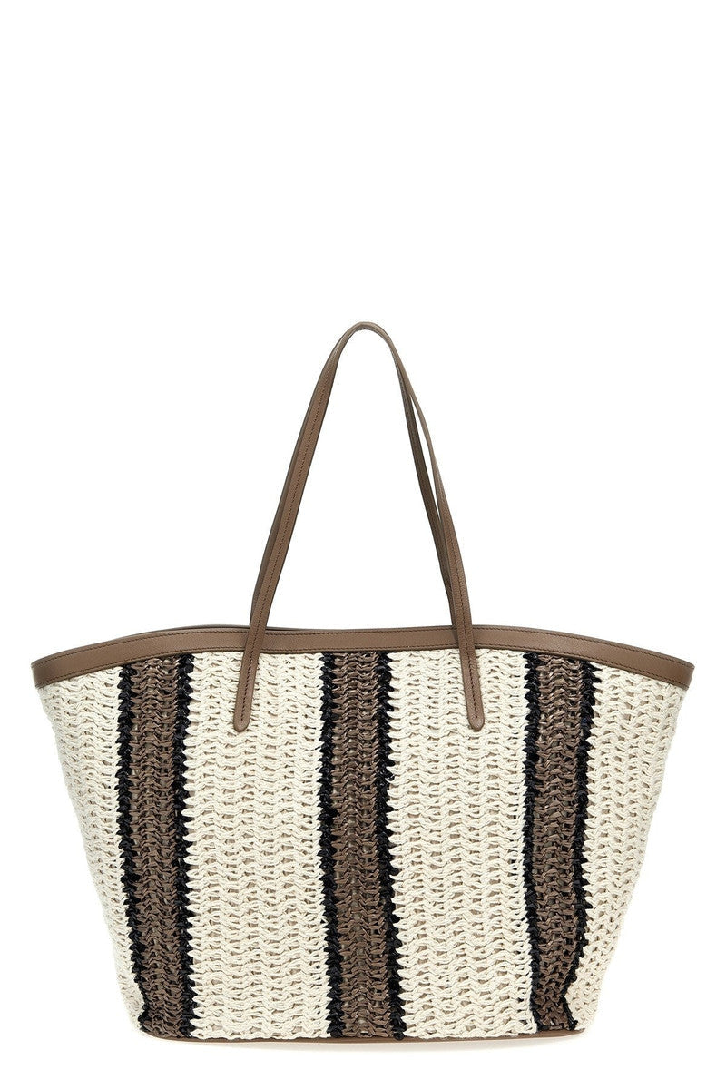 Brunello Cucinelli Women's White Beige Striped Woven Tote Bag