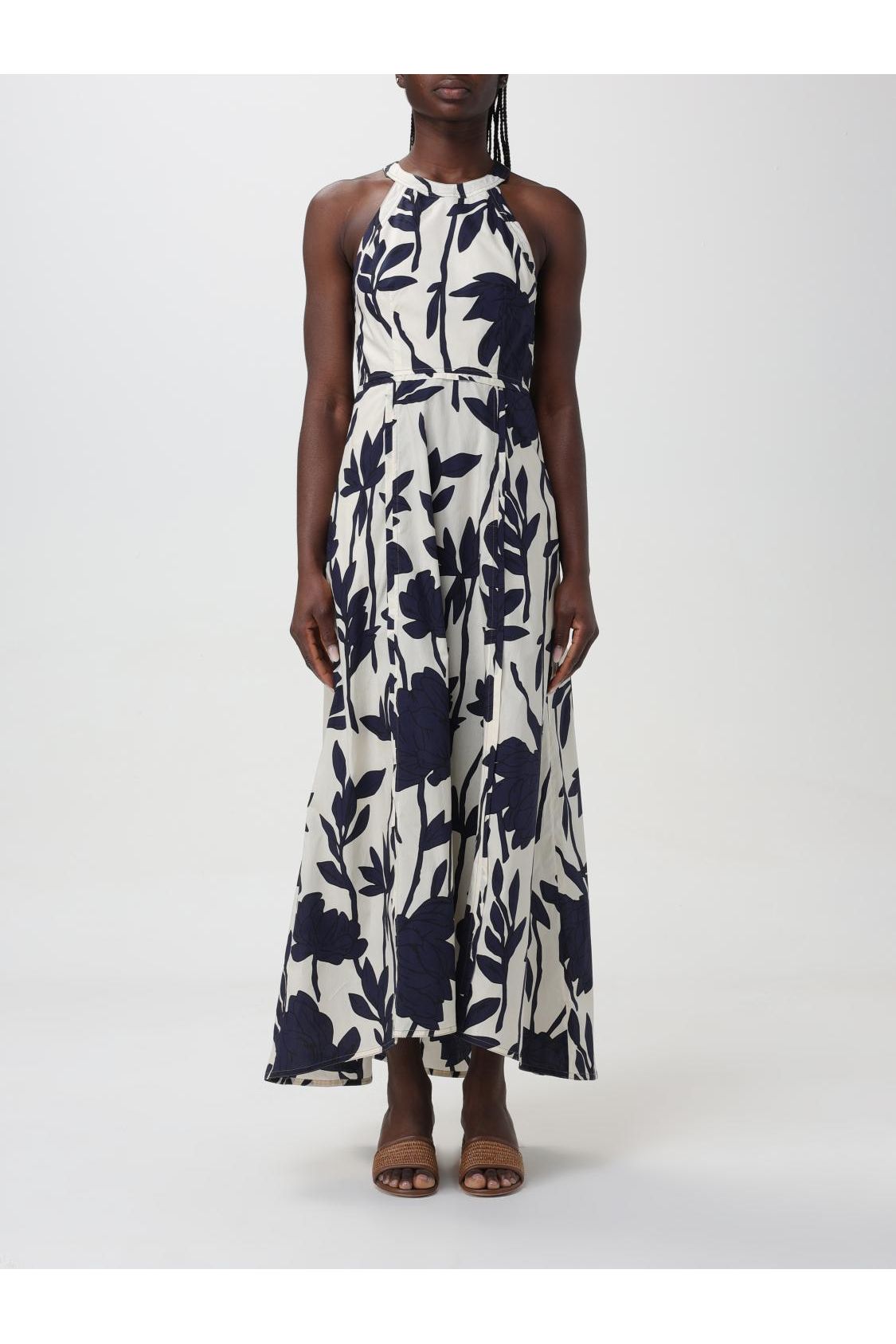 Women's Blue Floral Cotton Halter Dress