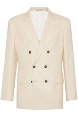 Men's Cream Wool Silk Linen Double Breasted Blazer