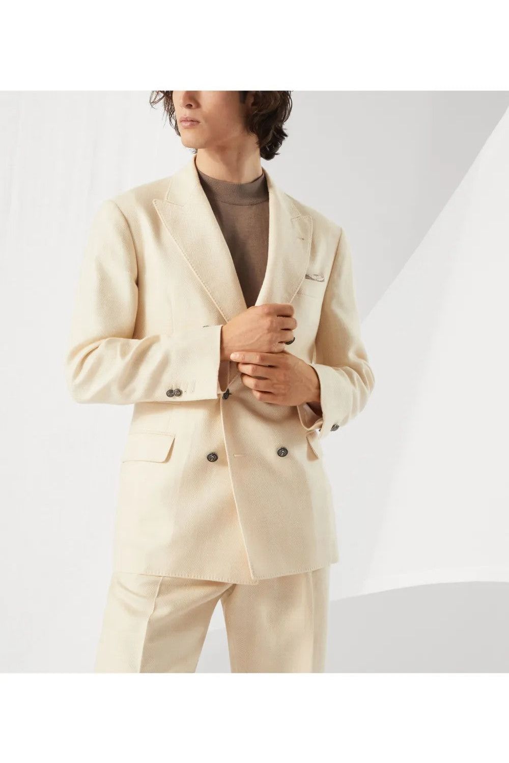 Men's Cream Wool Silk Linen Double Breasted Blazer