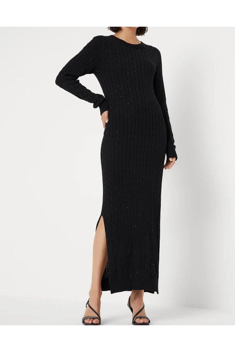 Women's Black Cotton Cable Knit Maxi Dress