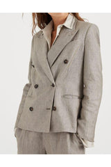Women's Brown Linen Double-Breasted Blazer