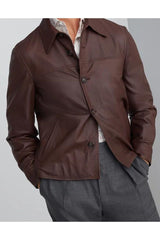 Men's Brown Leather Button Jacket