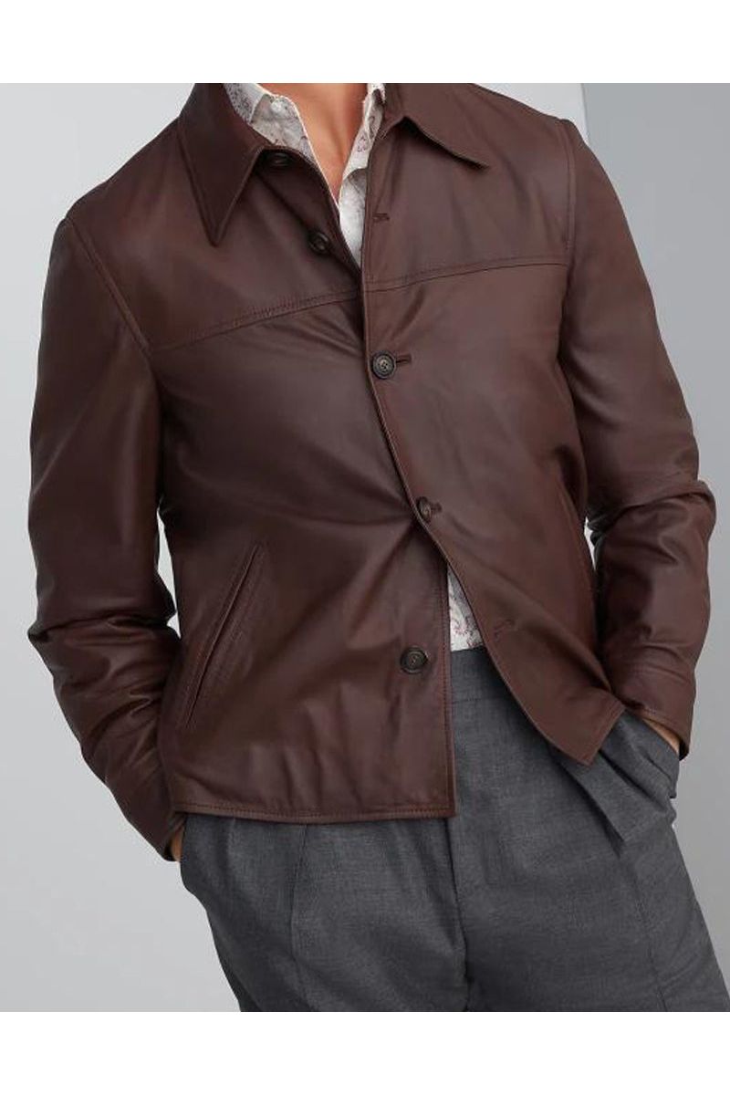 Men's Brown Leather Button Jacket
