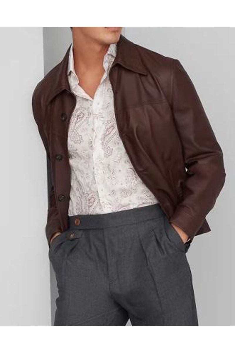 Men's Brown Leather Button Jacket