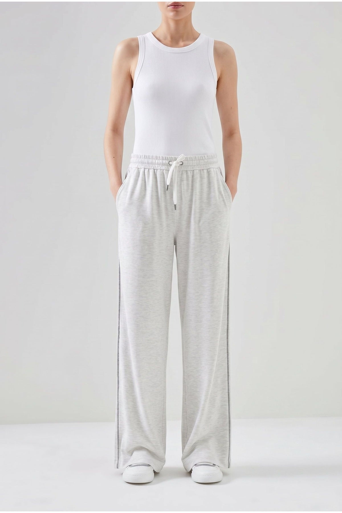 Women's Pearl White Silk Blend Wide Trousers