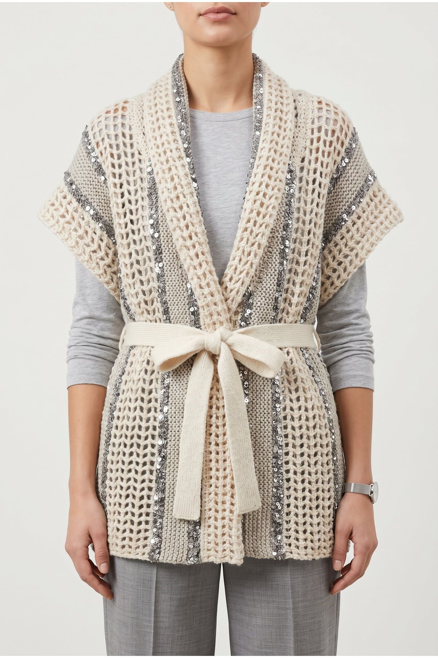 Brunello Cucinelli Women's Beige Openwork Belted Sweater