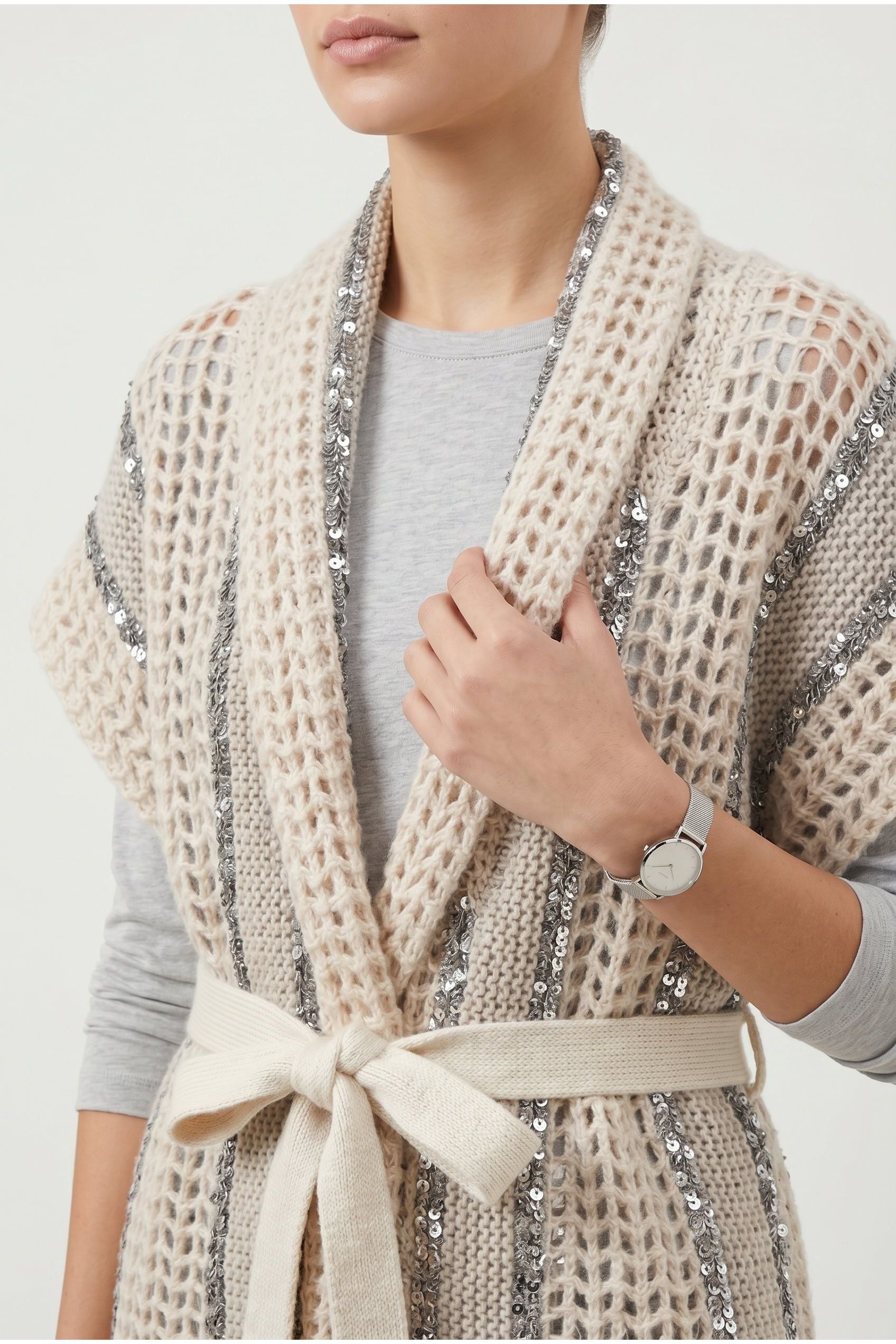 Brunello Cucinelli Women's Beige Openwork Belted Sweater