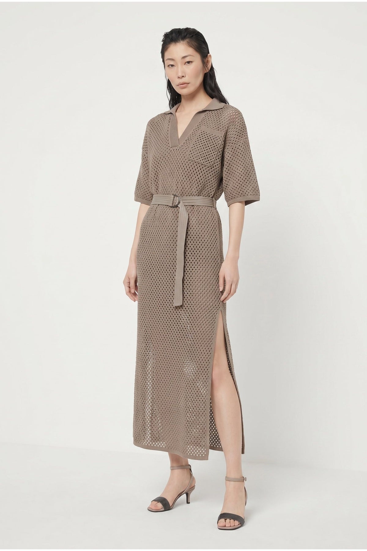 Women's Taupe Belted Openwork Dress