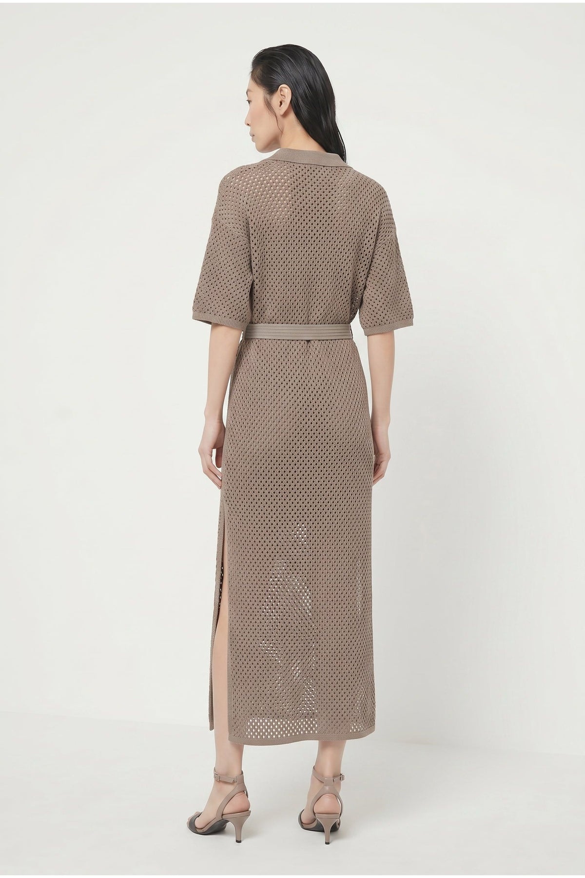 Women's Taupe Belted Openwork Dress