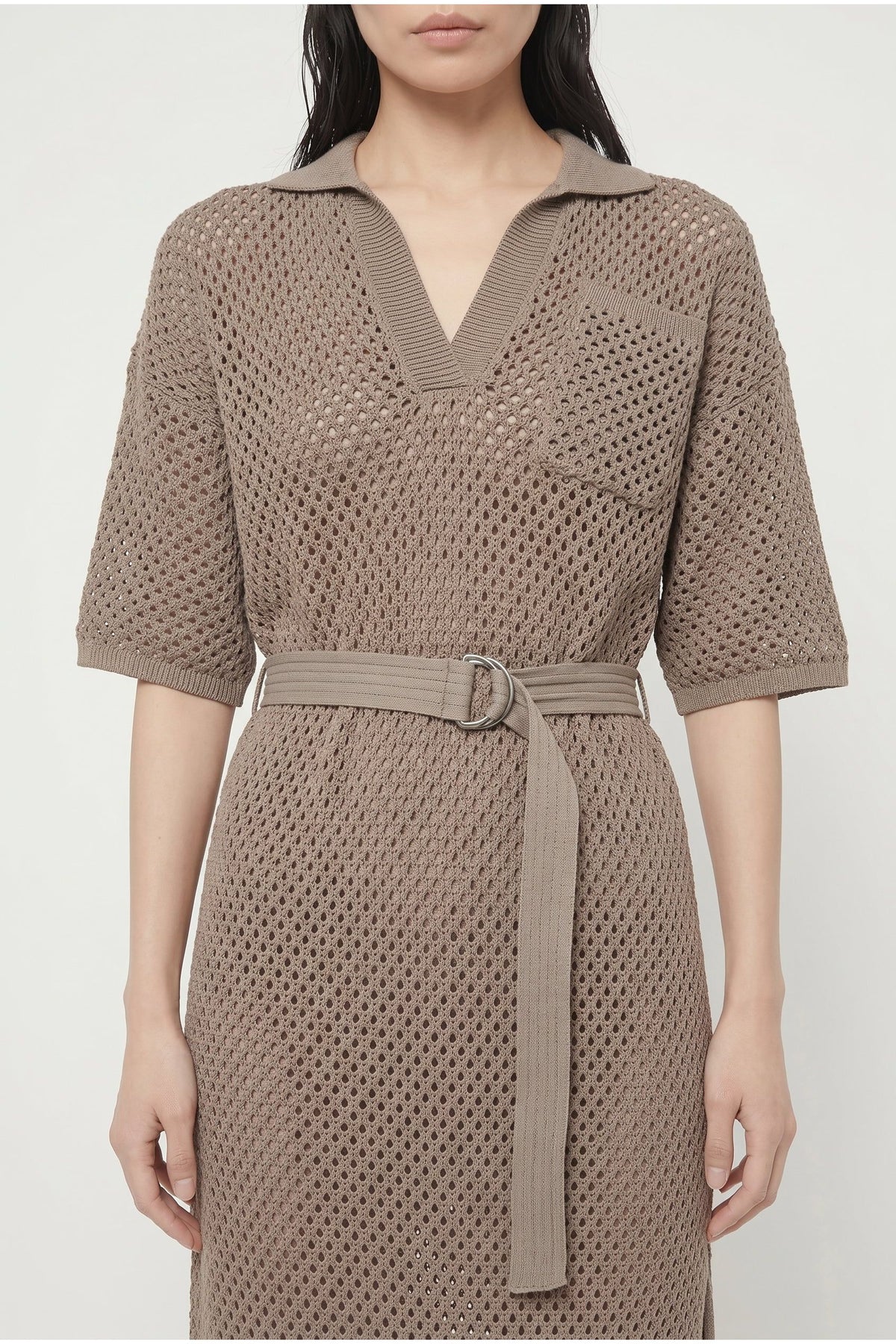 Women's Taupe Belted Openwork Dress
