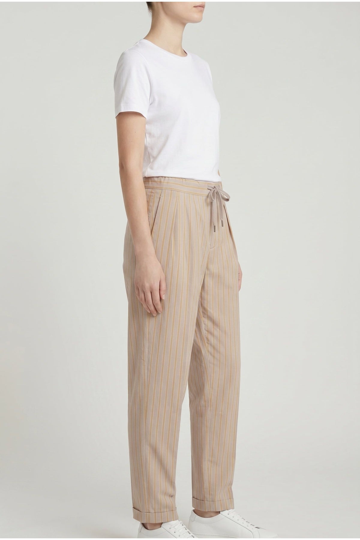 Women's Beige Striped Relaxed Trousers