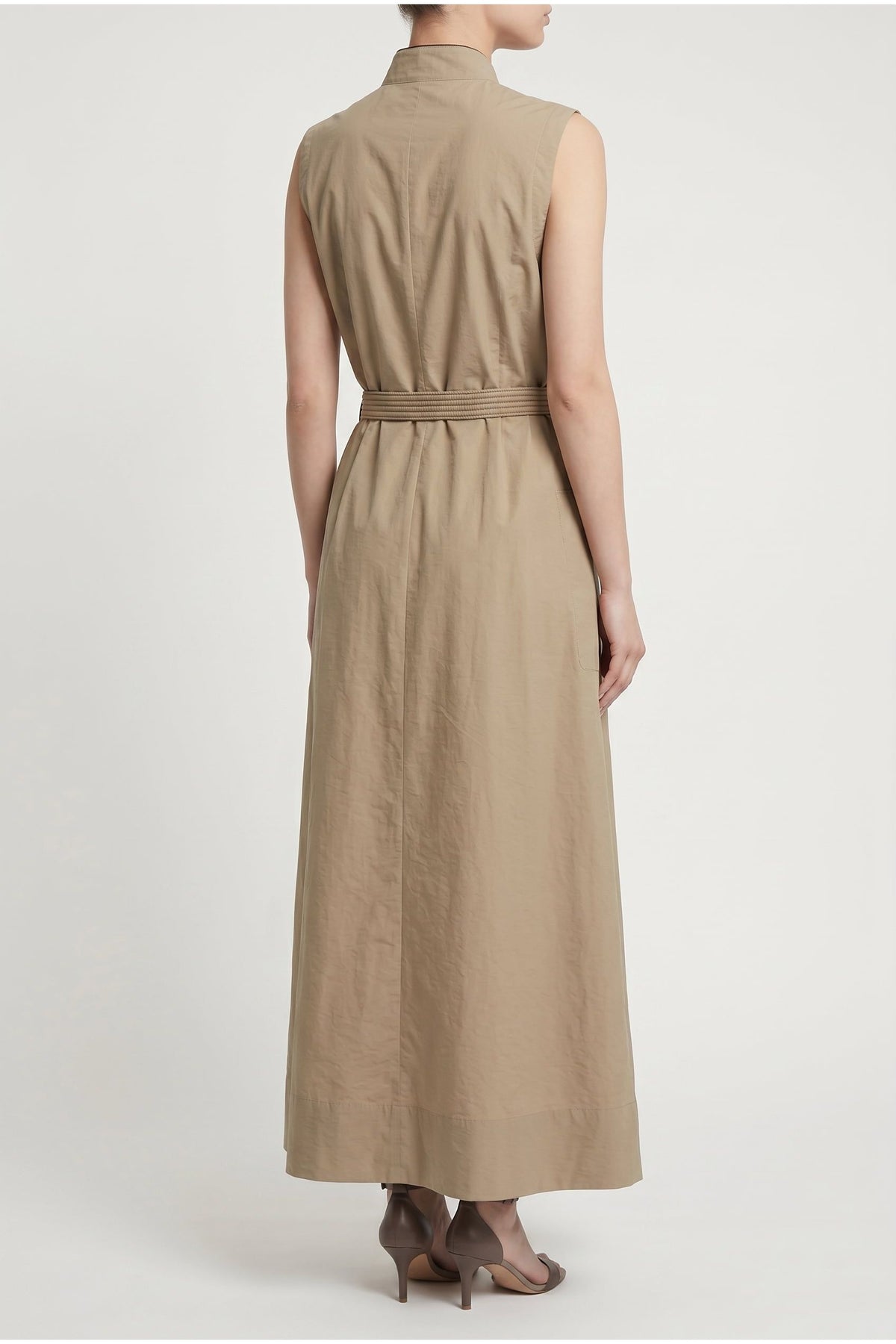 Women's Beige Sleeveless Belted Dress