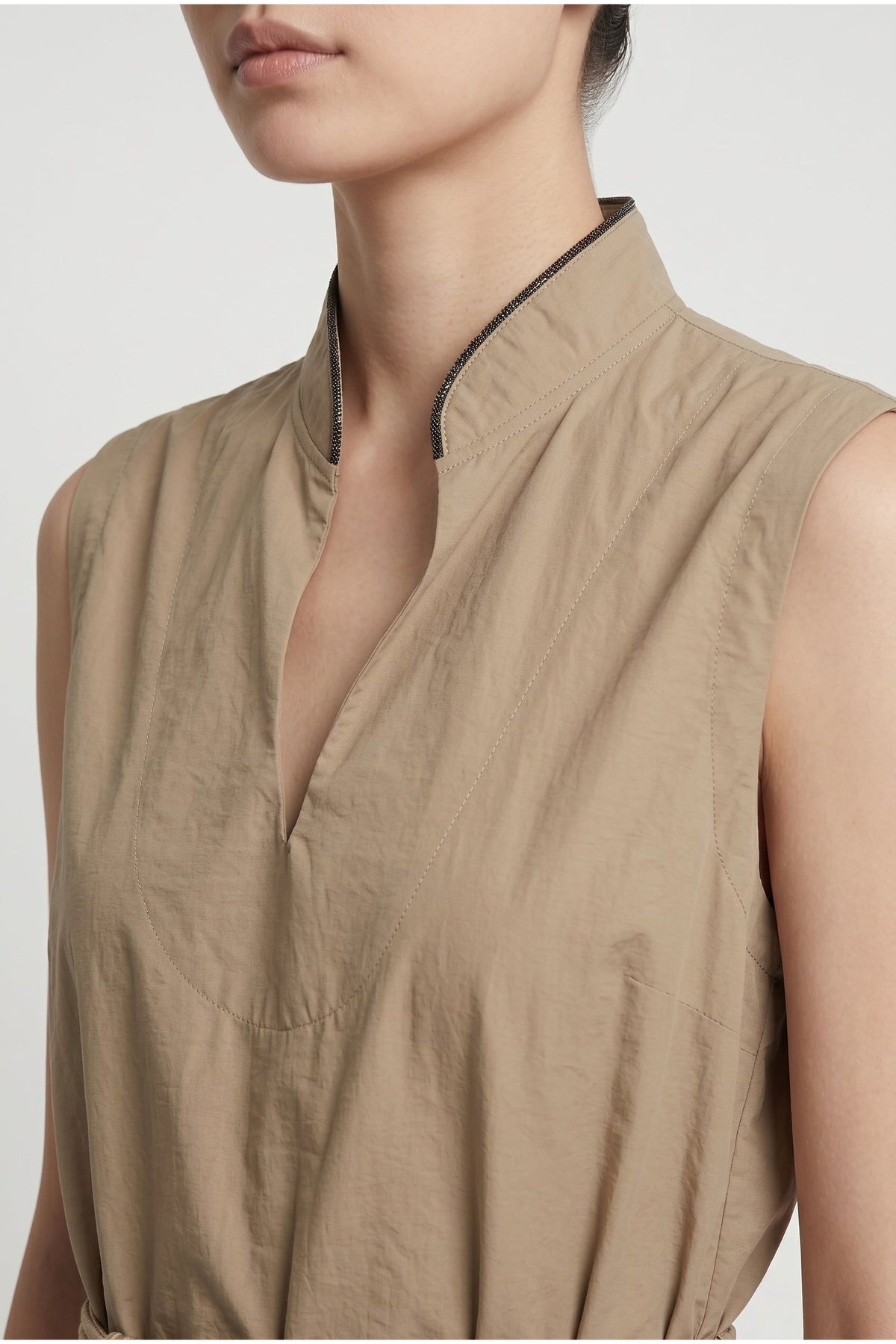 Women's Beige Sleeveless Belted Dress