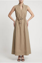 Women's Beige Sleeveless Belted Dress