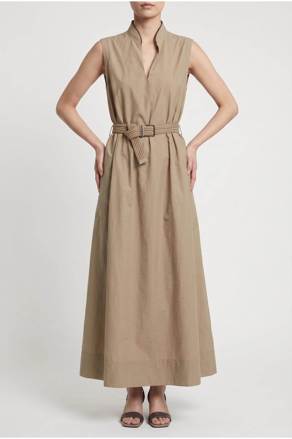 Women's Beige Sleeveless Belted Dress