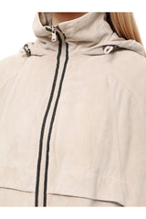 Women's Light Beige Leather Hooded Jacket