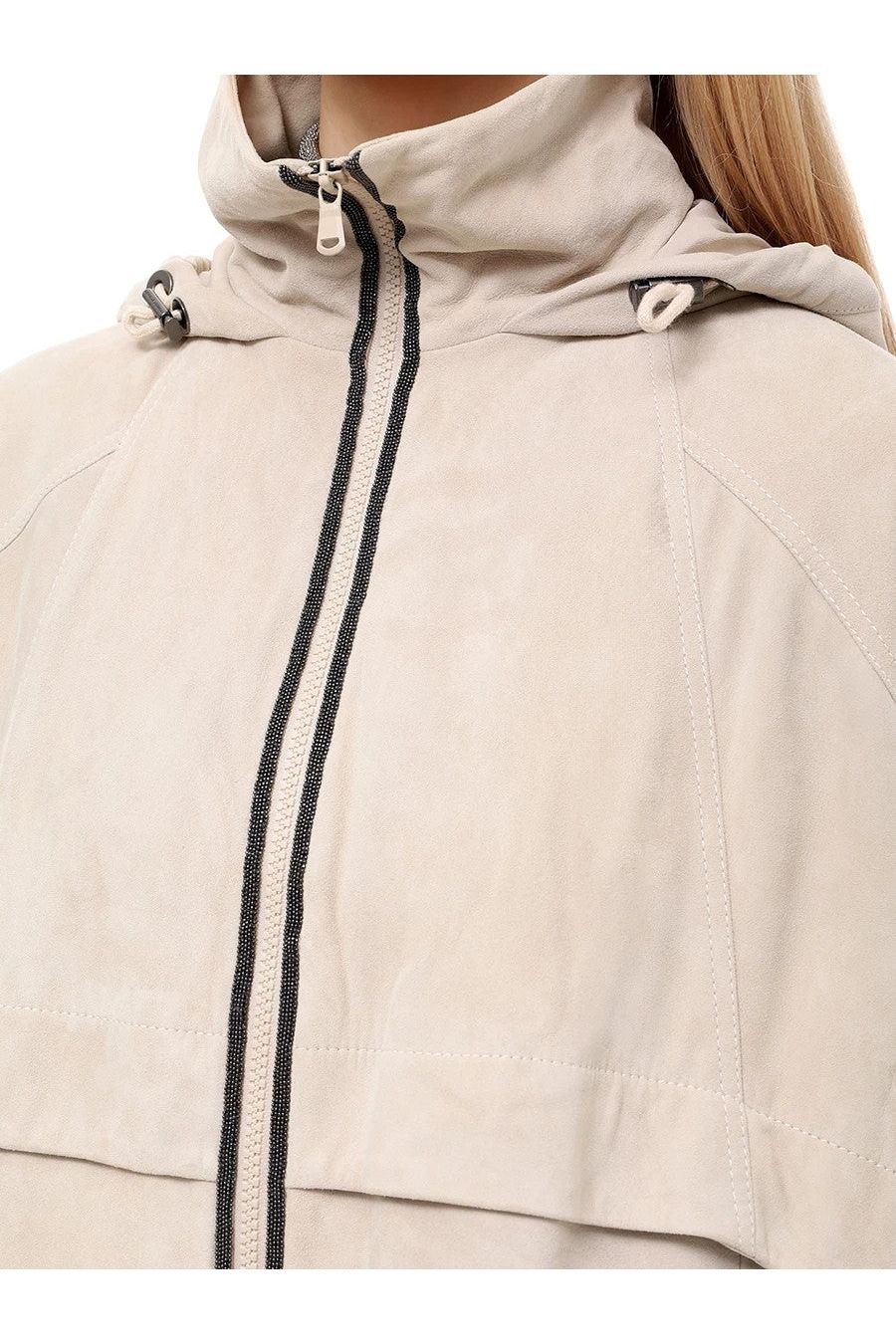 Women's Light Beige Leather Hooded Jacket