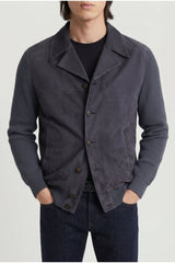 Men's Dark Blue Leather Knit Jacket