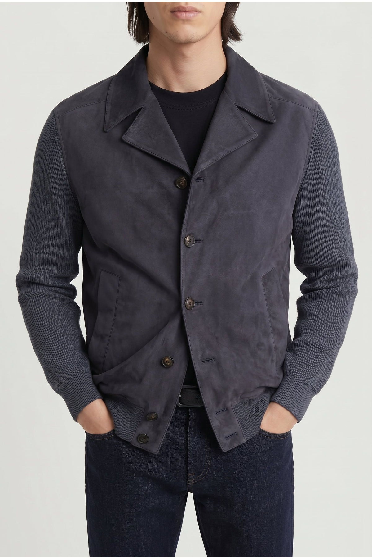 Men's Dark Blue Leather Knit Jacket