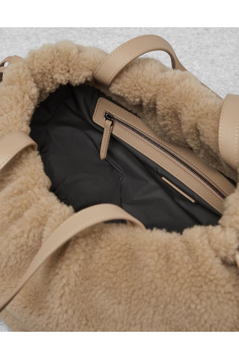 Women's Beige Shearling Tote Bag