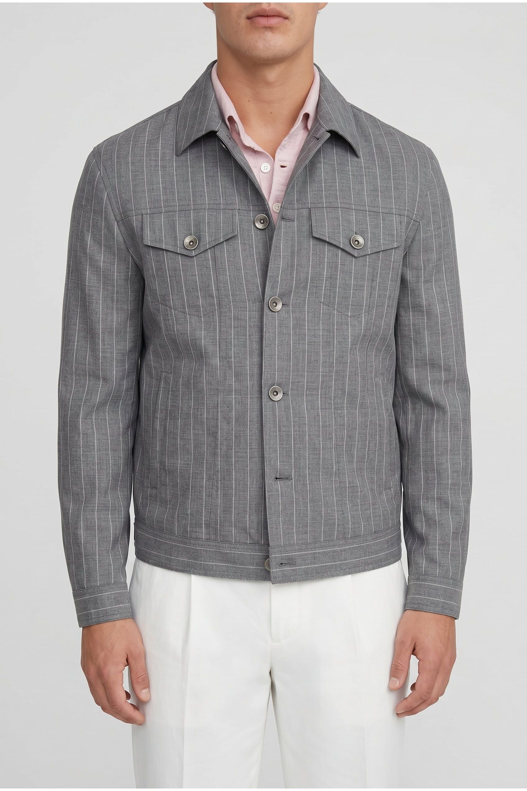 Brunello Cucinelli Men's Grey Wool Striped Jacket
