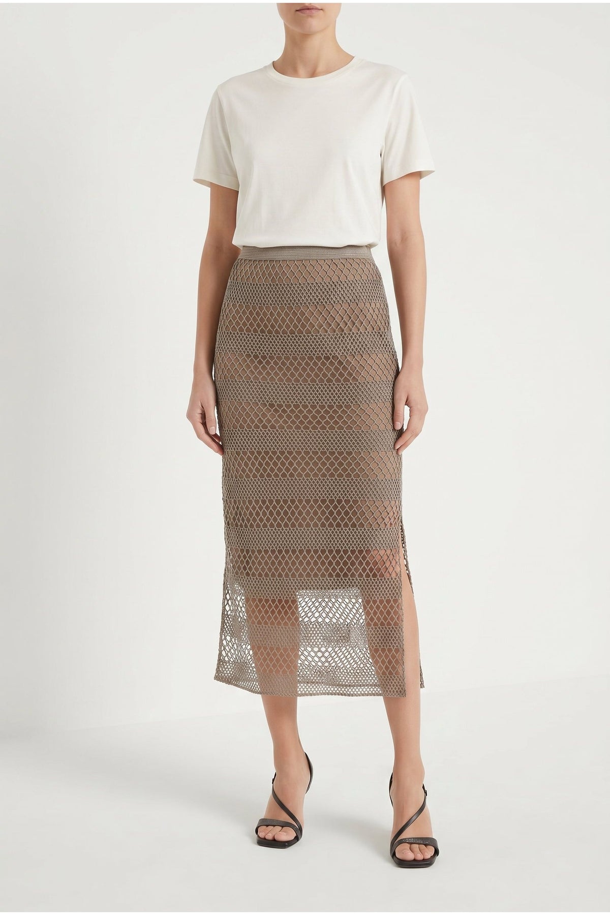 Women's Taupe Mesh Midi Skirt