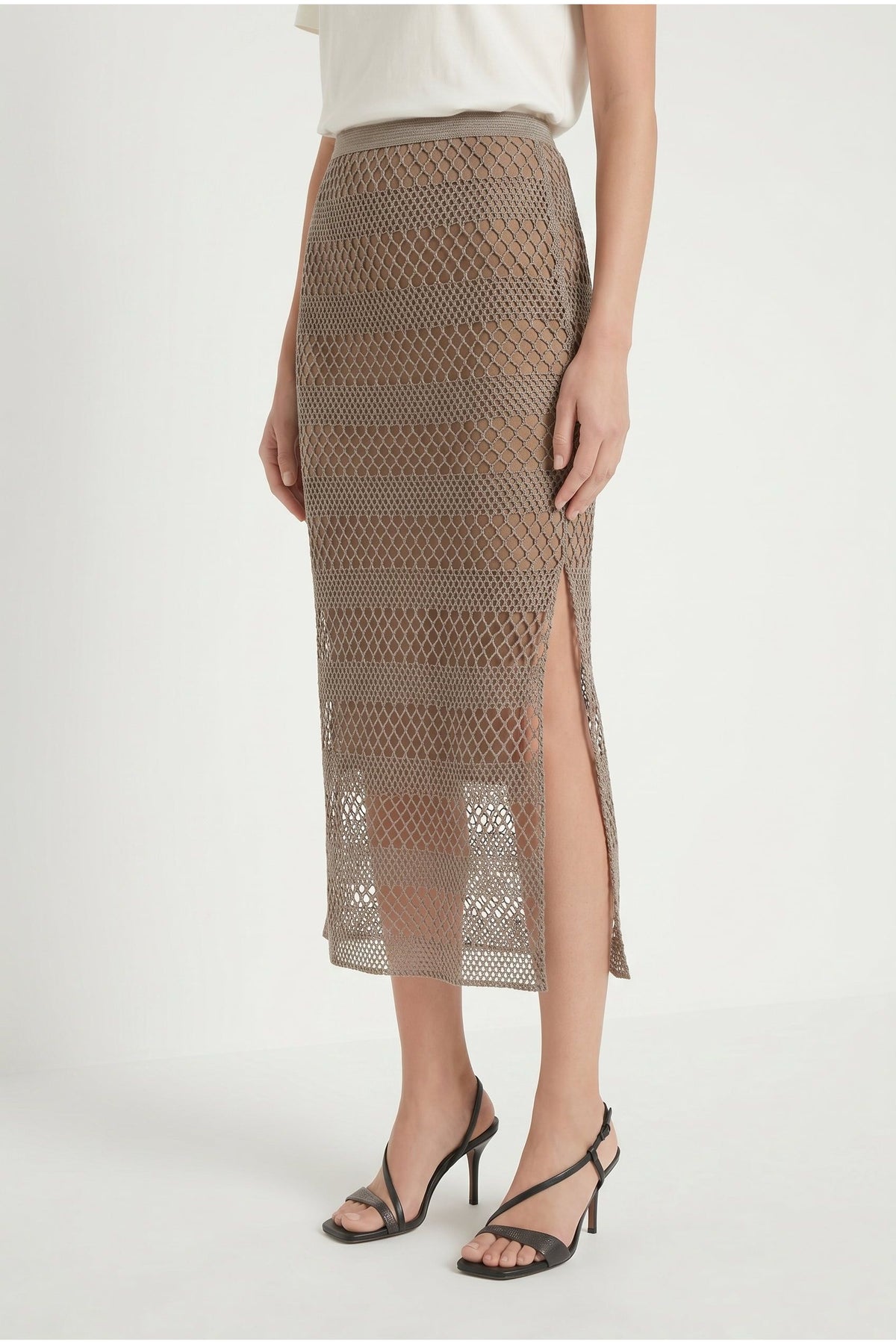 Women's Taupe Mesh Midi Skirt
