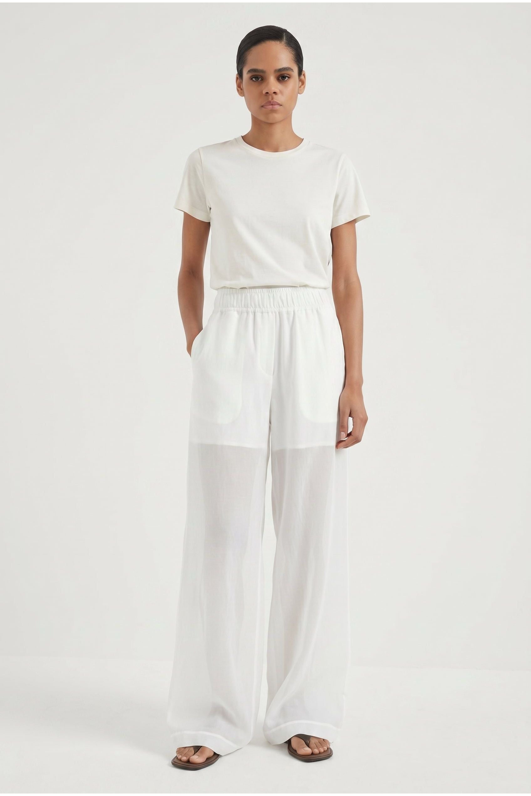 Brunello Cucinelli Women's White Wide Leg Cotton Trousers