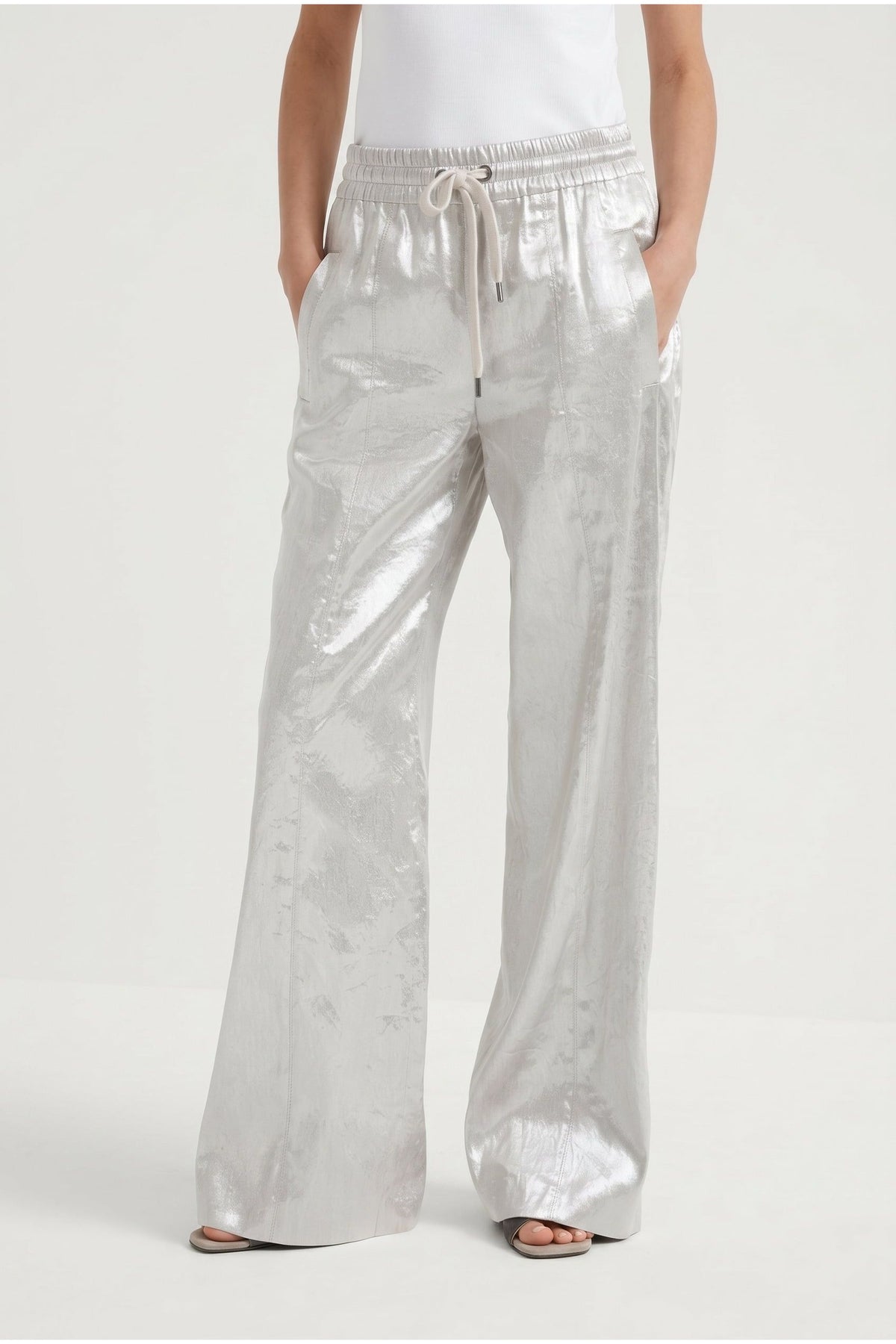 Women's Silver Linen Wide Leg Trousers