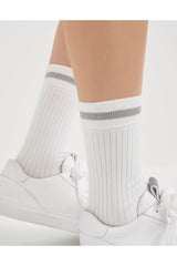 Women's White Ribbed Cotton Socks