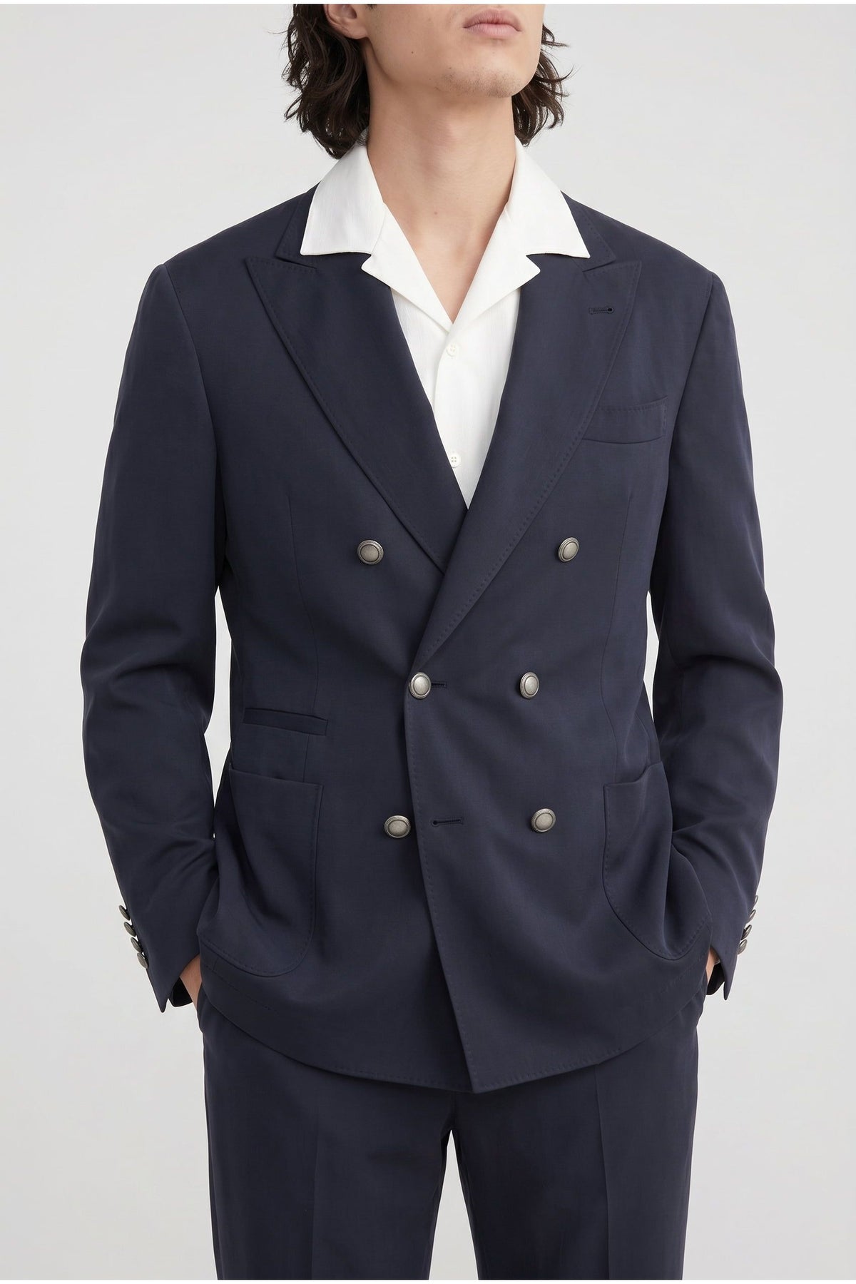 Men's Dark Blue Silk Double Breasted Blazer