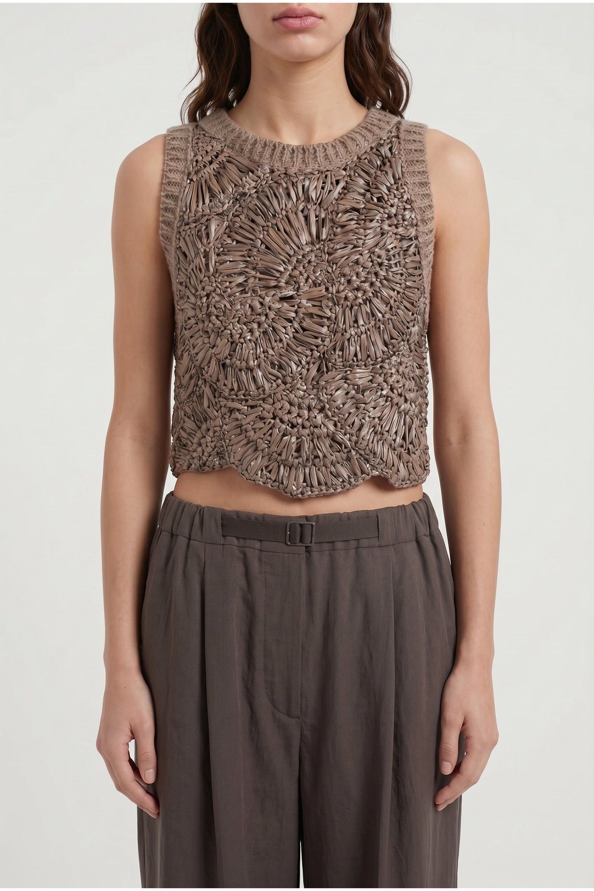 Women's Taupe Crochet Knit Sweater