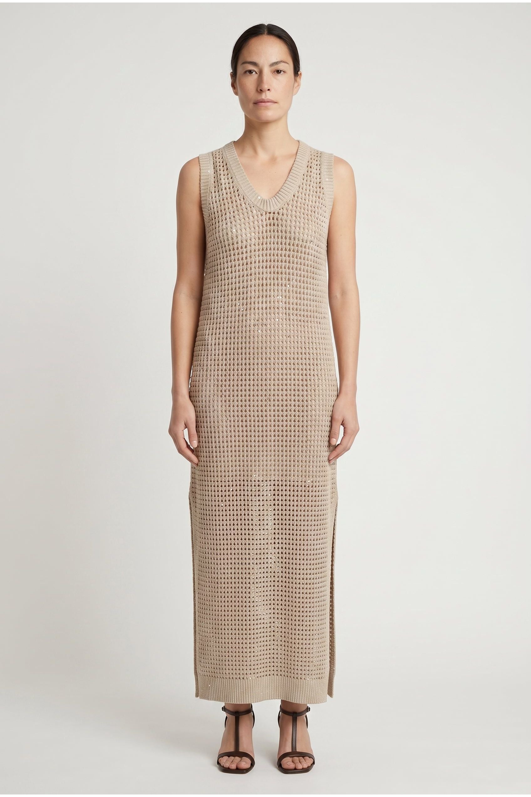 Brunello Cucinelli Women's Beige Knitted Sleeveless Dress