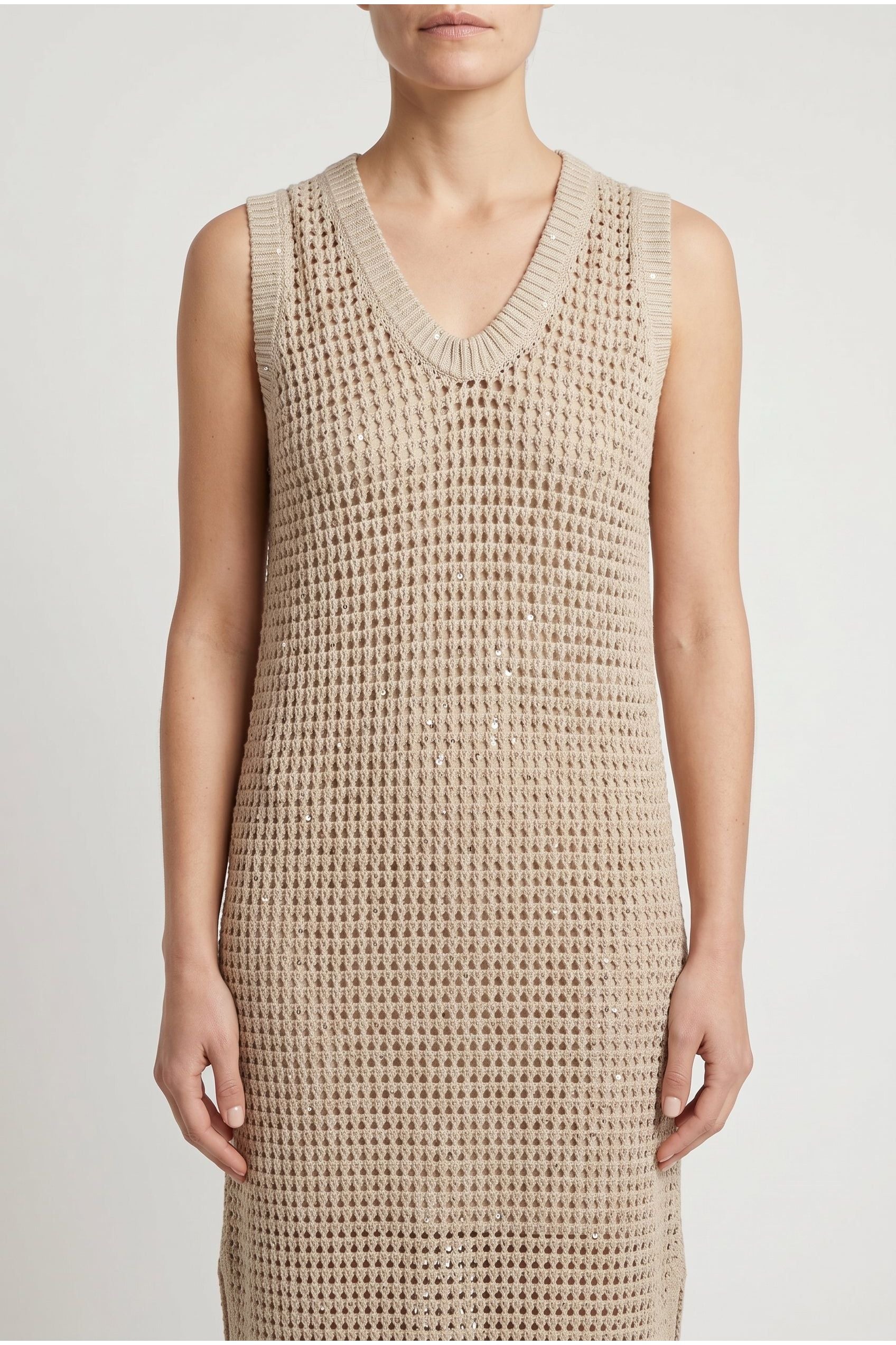 Brunello Cucinelli Women's Beige Knitted Sleeveless Dress