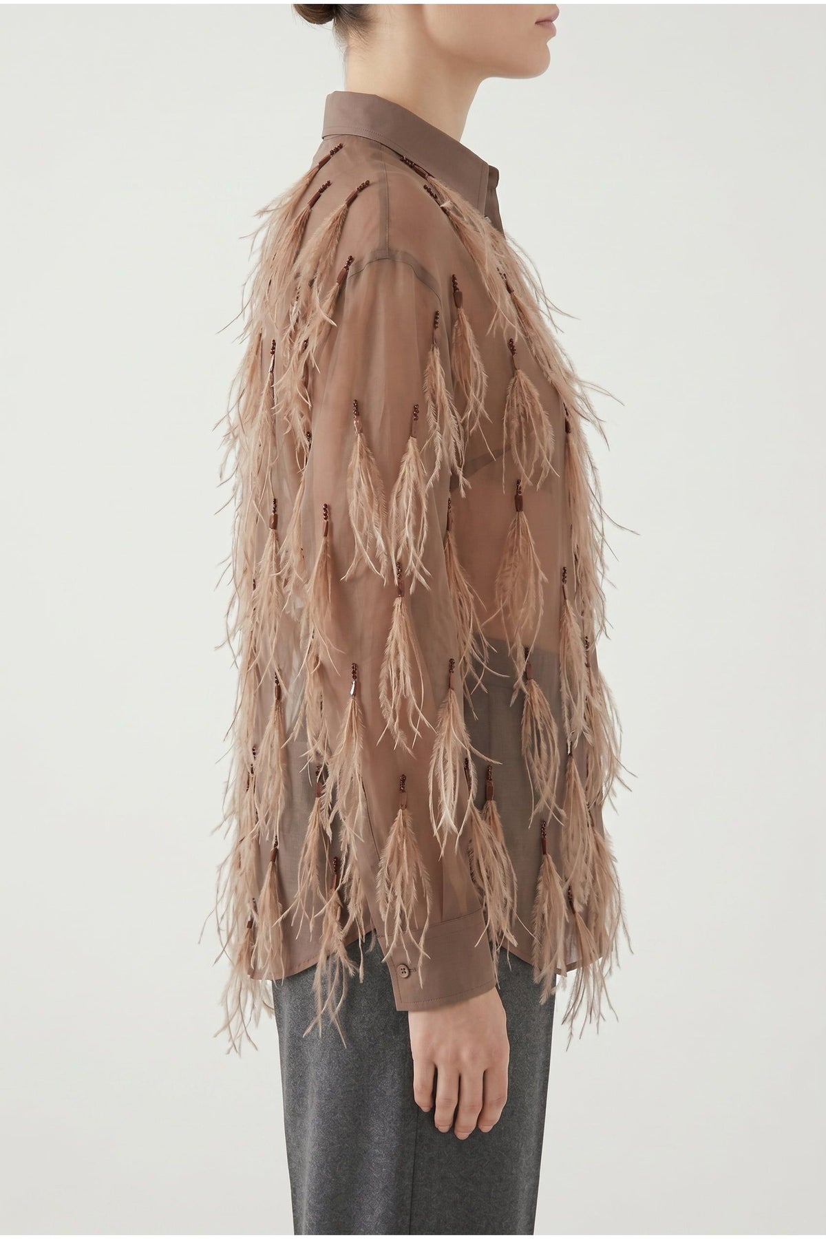 Women's Brown Silk Feathered Shirt