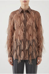 Women's Brown Silk Feathered Shirt