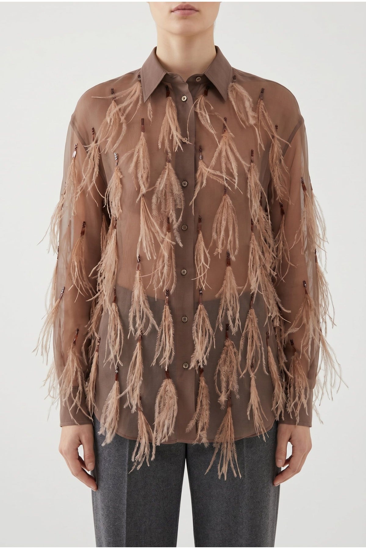 Women's Brown Silk Feathered Shirt
