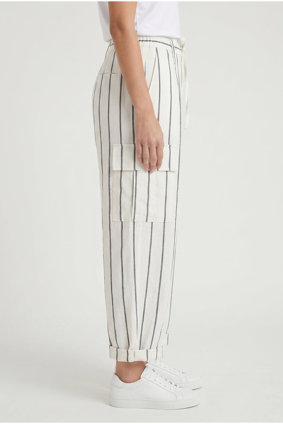 Women's White Striped Linen Trousers
