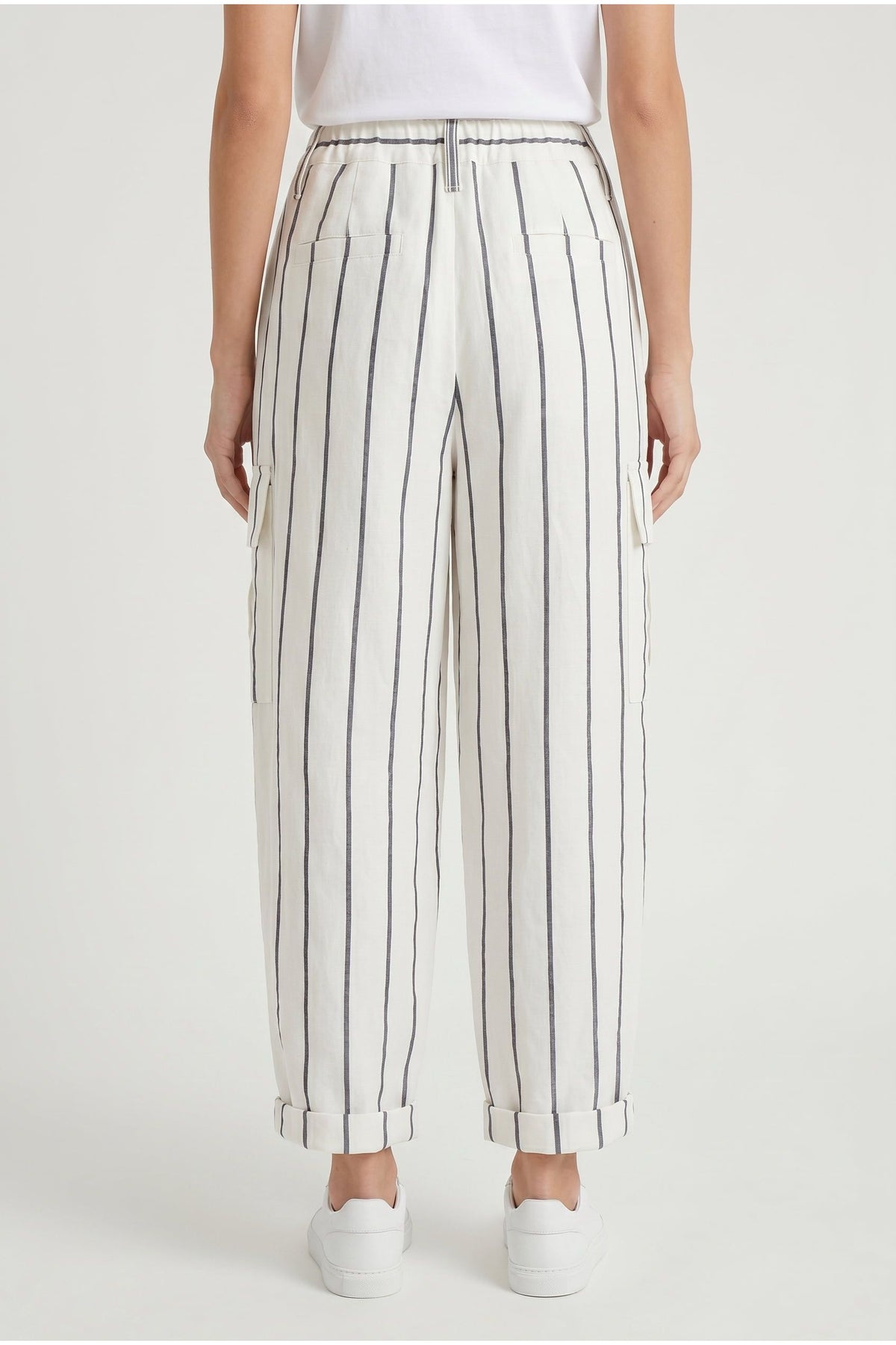 Women's White Striped Linen Trousers