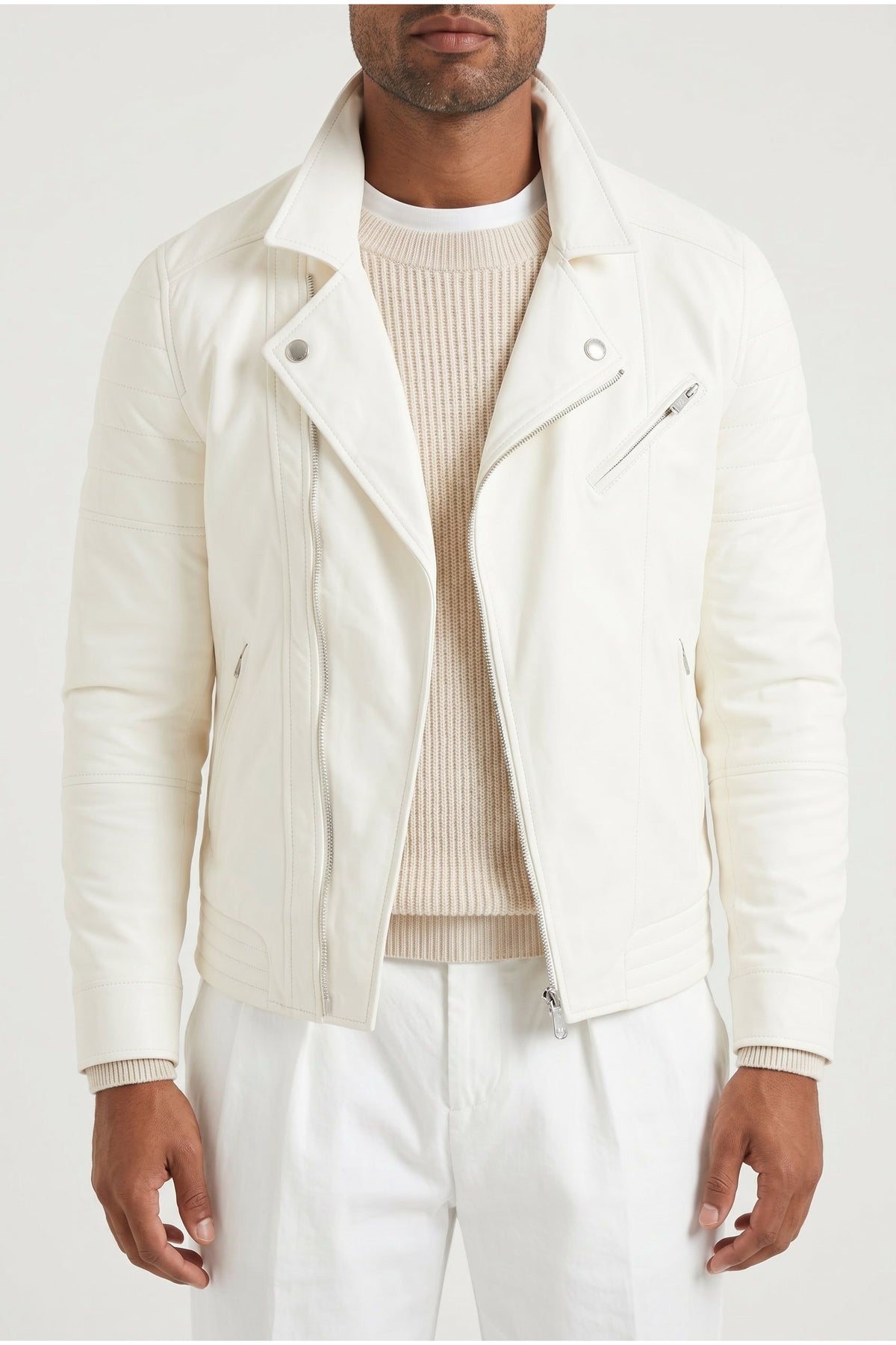 Men's Off White Leather Biker Jacket